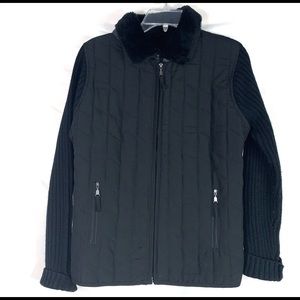 Quilted Black Full Zip Jacket Sweater Plush Collar